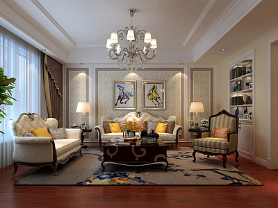 新古典客厅沙发茶几组合整体模型
