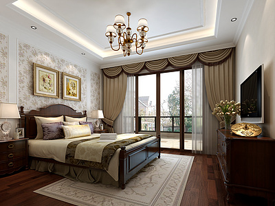 美式卧室床家具组合窗帘整体模型