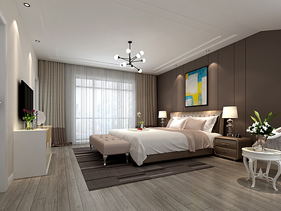 北欧现代卧室床家具组合整体模型
