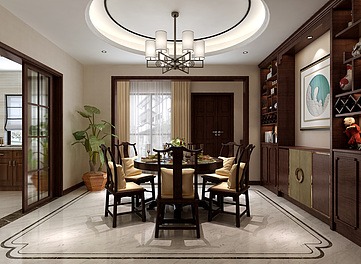 中式餐厅餐桌椅酒柜吊灯家装模型
