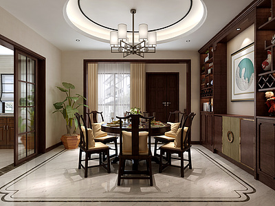 中式餐厅餐桌椅酒柜吊灯整体模型