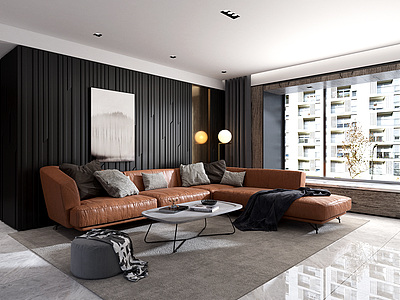 现代客厅沙发茶几组合整体模型