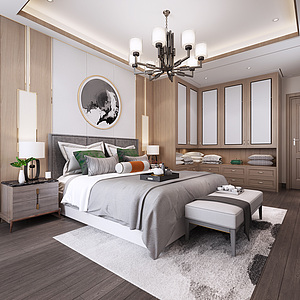 新中式卧室双人床整体模型