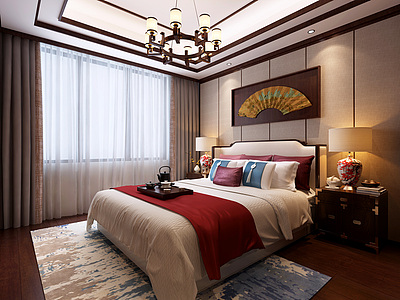 新中式卧室双人床3d模型3d模型