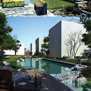 室外建筑水池公园整体模型