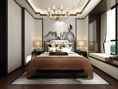 中式风格的卧室整体模型