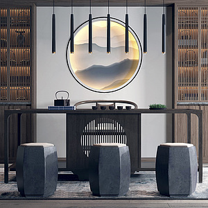 新中式茶桌椅吊灯组合整体模型