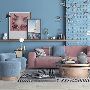 现代沙发茶几花瓶摆件客厅整体模型