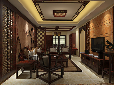 中式暖色系客厅3d模型