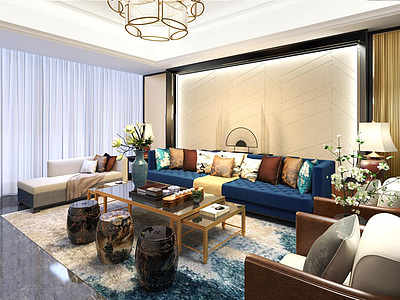 现代新中式客厅沙发组合茶几整体模型