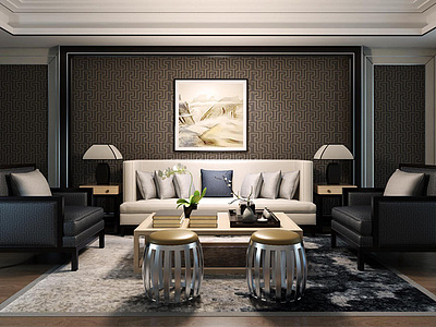 现代新中式沙发茶台灯组合整体模型