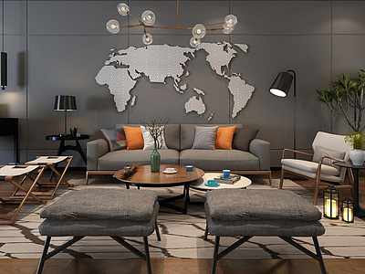 现代吊灯地图墙饰品沙发组合整体模型