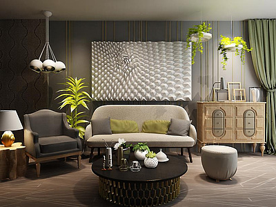 北欧双人沙发休闲椅茶几边柜植物吊灯立体挂画组合整体模型