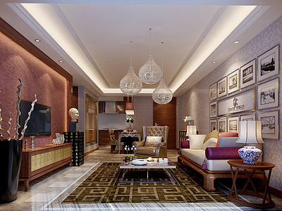 现代时尚混搭客厅整体整体模型