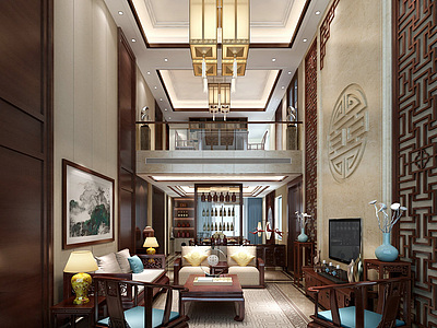 新中式复式客厅整体模型