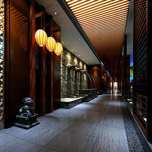 中式豪华餐厅过道整体模型
