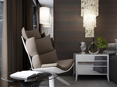 现代座椅水晶吊灯休闲单人沙发床头柜整体模型