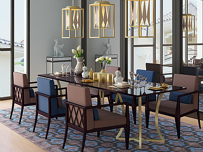 新古典餐厅吊灯餐桌椅组合整体模型