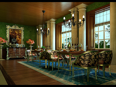 古典美式餐厅整体模型