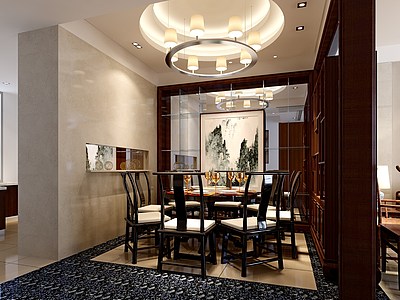 中式客厅餐厅模型整体模型