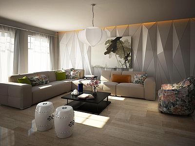 现代时尚布艺沙发几何背景墙整体模型