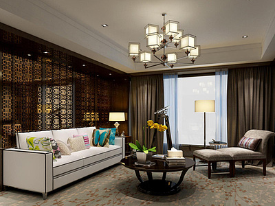 新中式客厅沙发茶几整体模型