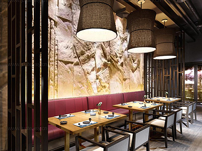 现代中式餐厅整体模型