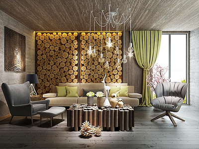 东南亚日式组合沙发休闲椅木桩壁饰组合整体模型