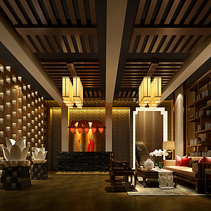 新中式书房整体模型