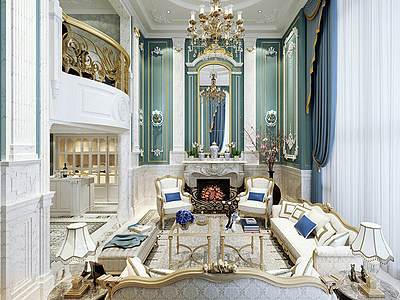 法式别墅客厅奢华沙发茶几吊灯整体模型
