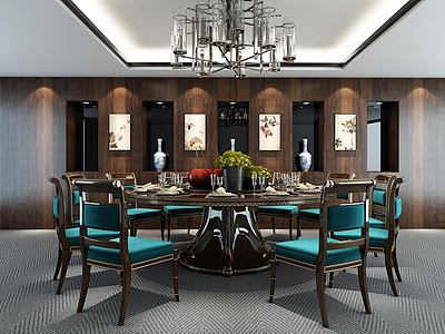 现代奢华餐厅桌椅吊灯组合整体模型