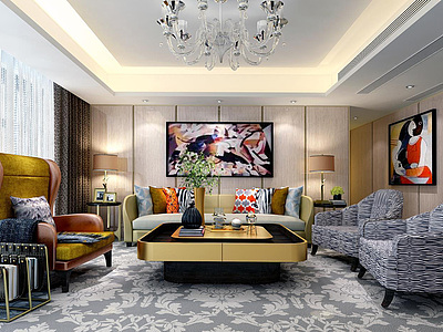 现代客厅新古典沙发茶几书架组合整体模型