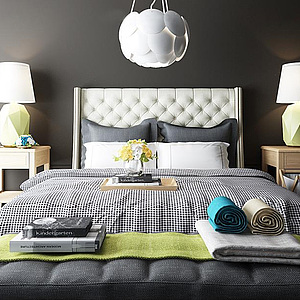 现代卧室床具脚踏吊灯组合整体模型