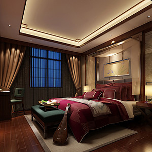 现代中式卧室新中式床组合整体模型