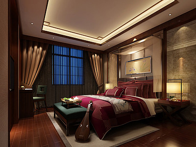 现代中式卧室新中式床组合3d模型3d模型