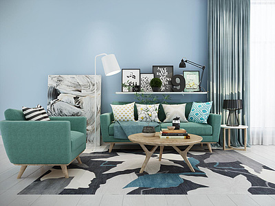 现代简约沙发创意茶几灯具饰品组合整体模型