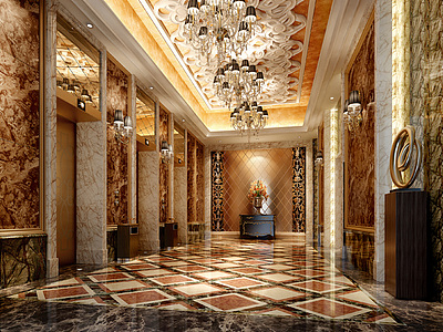 现代豪华酒店电梯过道整体模型