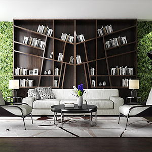 现代创意书架绿植墙休闲沙发椅组合整体模型