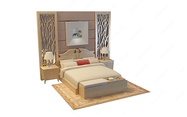 现代床头背景床3D模型