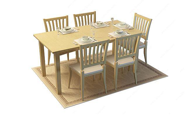 中式木质餐桌椅组合3D模型