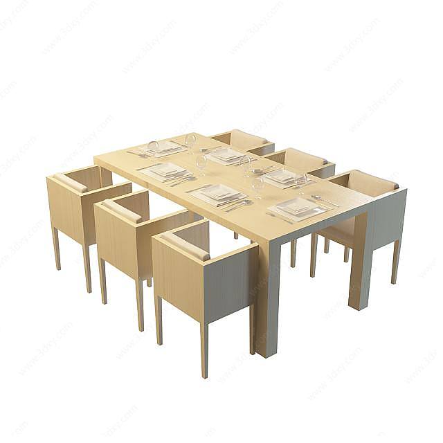 现代木质餐桌椅组合3D模型