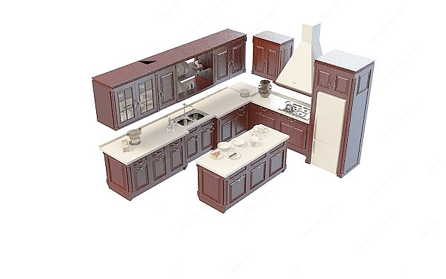 实木厨房橱柜3D模型