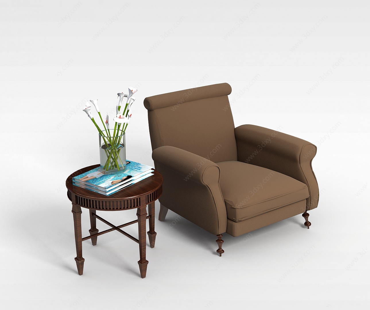 棕色沙发椅和边几3D模型