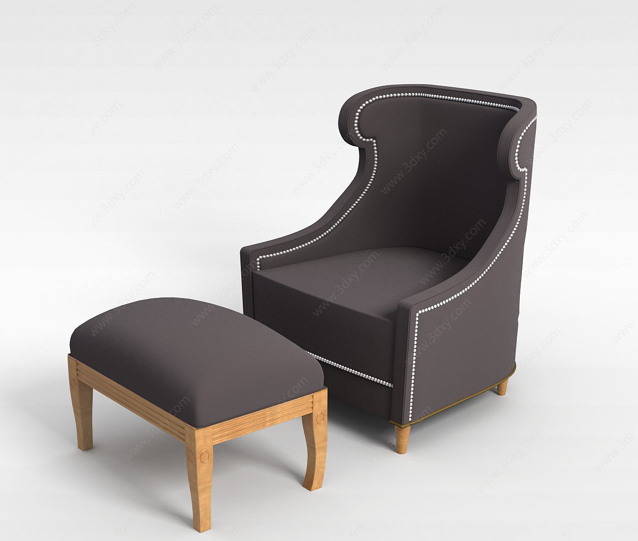 欧式褐色沙发椅和沙发凳3D模型