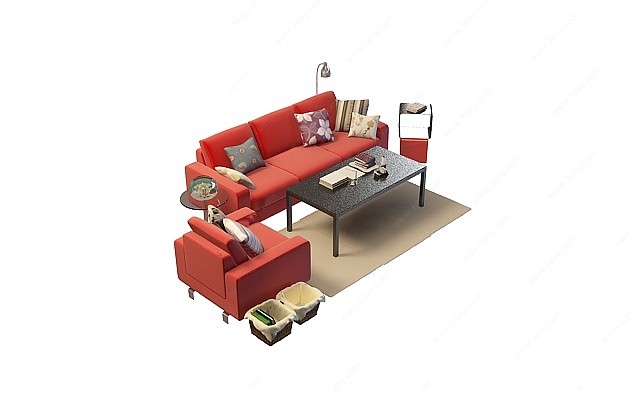 红色沙发茶几组合3D模型
