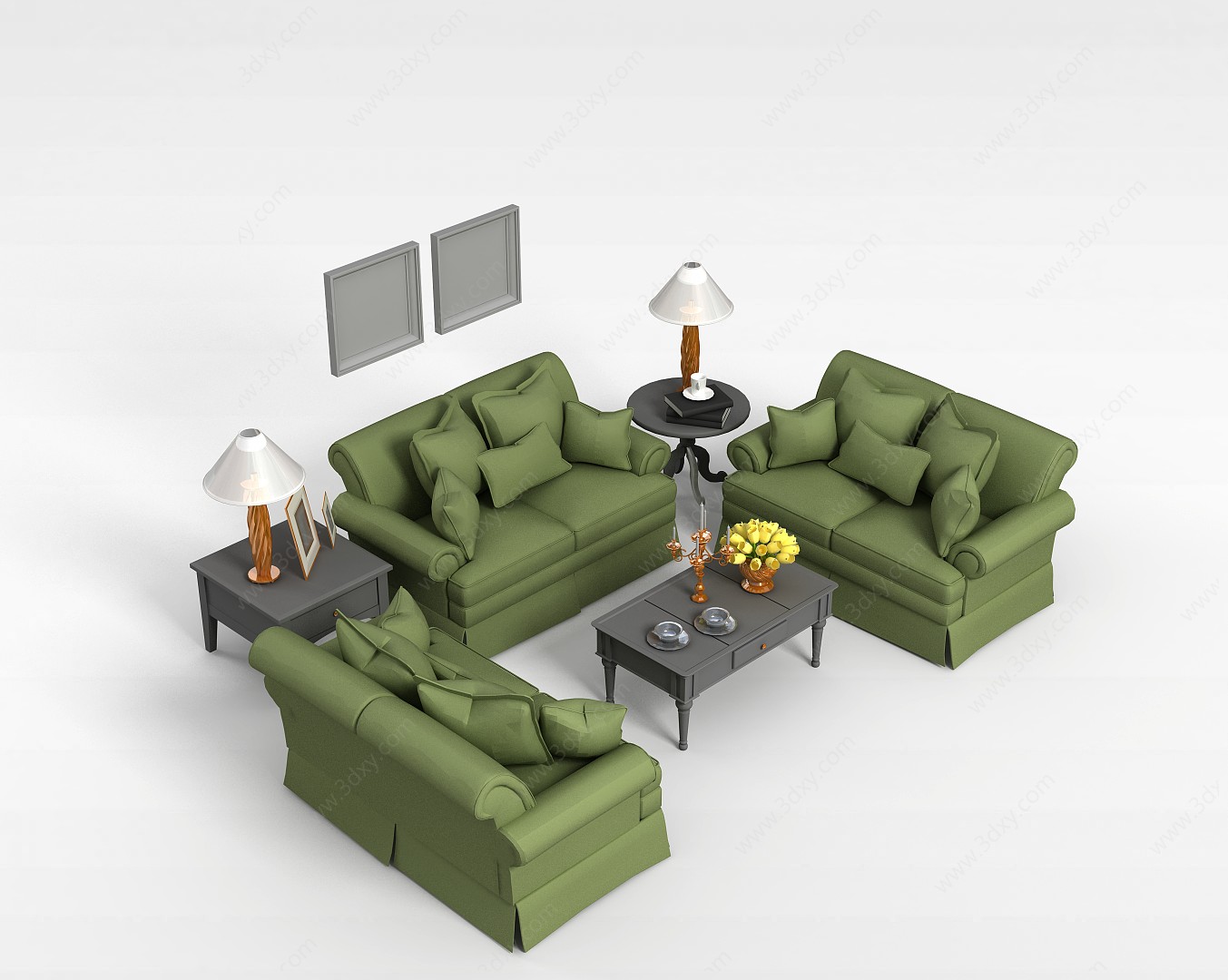 豆绿色沙发茶几3D模型