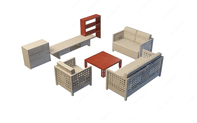 中式创意沙发茶几3D模型