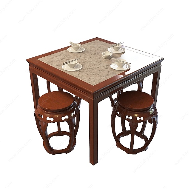 中式复古餐桌椅3D模型