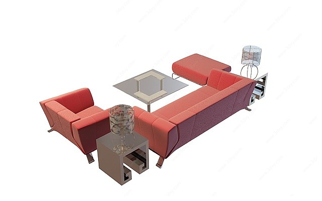 红色沙发茶几组合3D模型