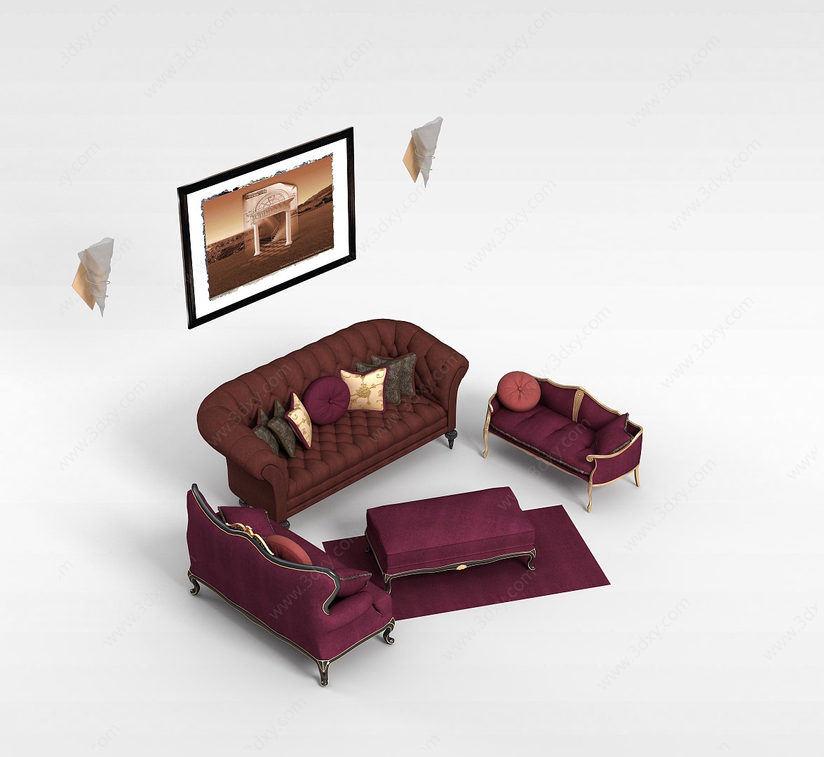 软包沙发茶几组合3D模型